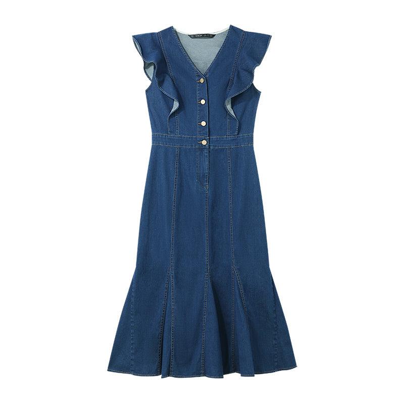 Denim Blue Ruffle Sleeveless Fishtail Dress GOELIA