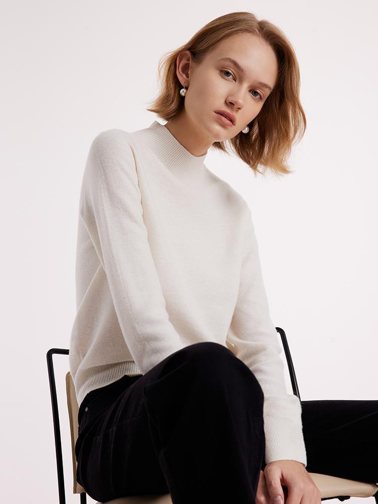 White Wool Sequins Seamless Mock Neck Sweater GOELIA