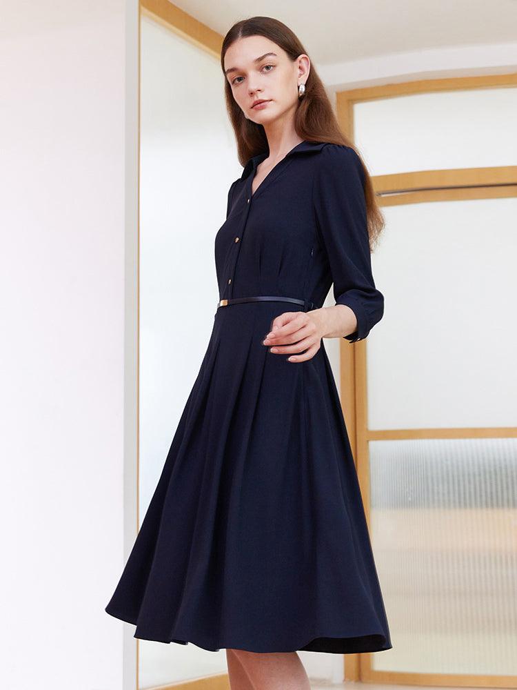 Dark Blue Flowy V-neck Dress With Belt GOELIA