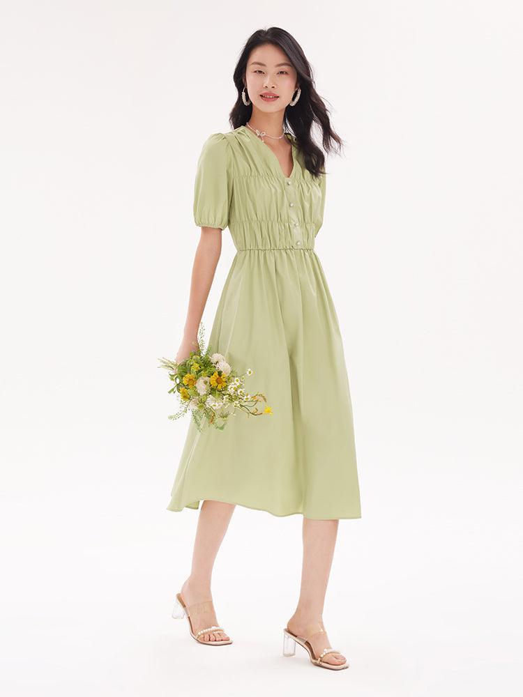 V-Neck Cotton Gathered Waist Dress GOELIA