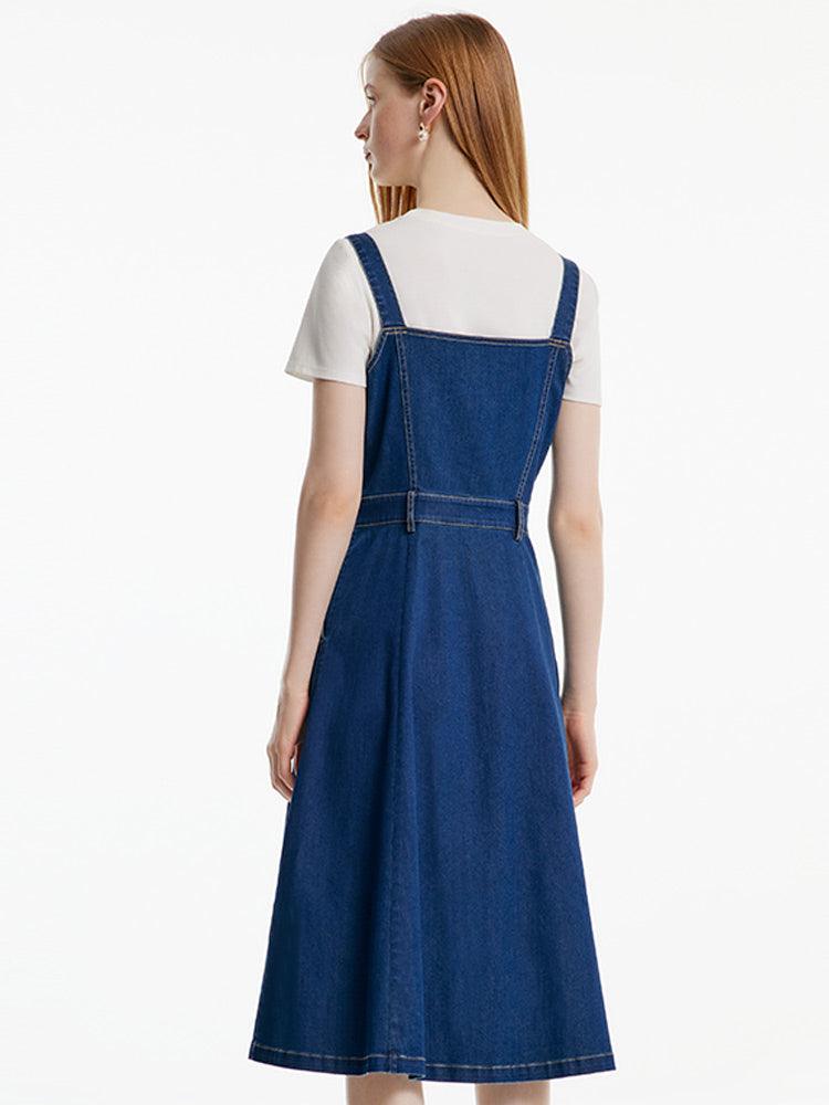 Denim Pinafore Dress With Bow Tie GOELIA