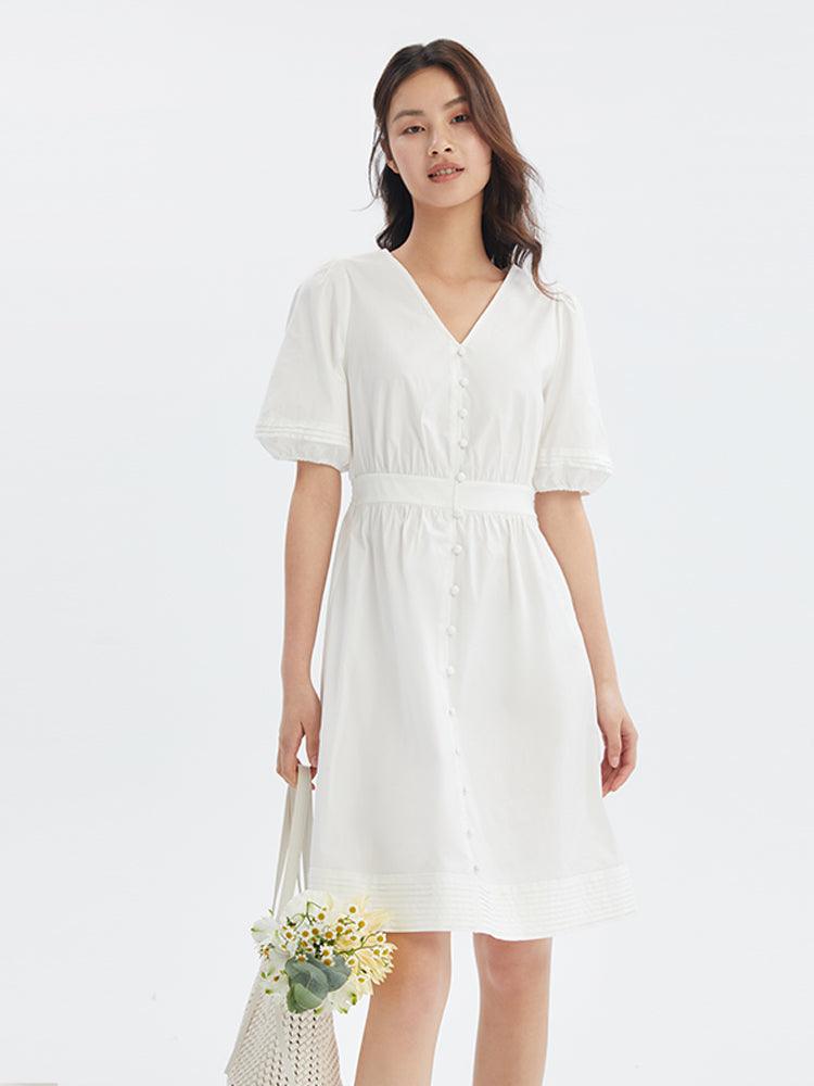 Cotton Gathered Waist Loose Hem Dress GOELIA