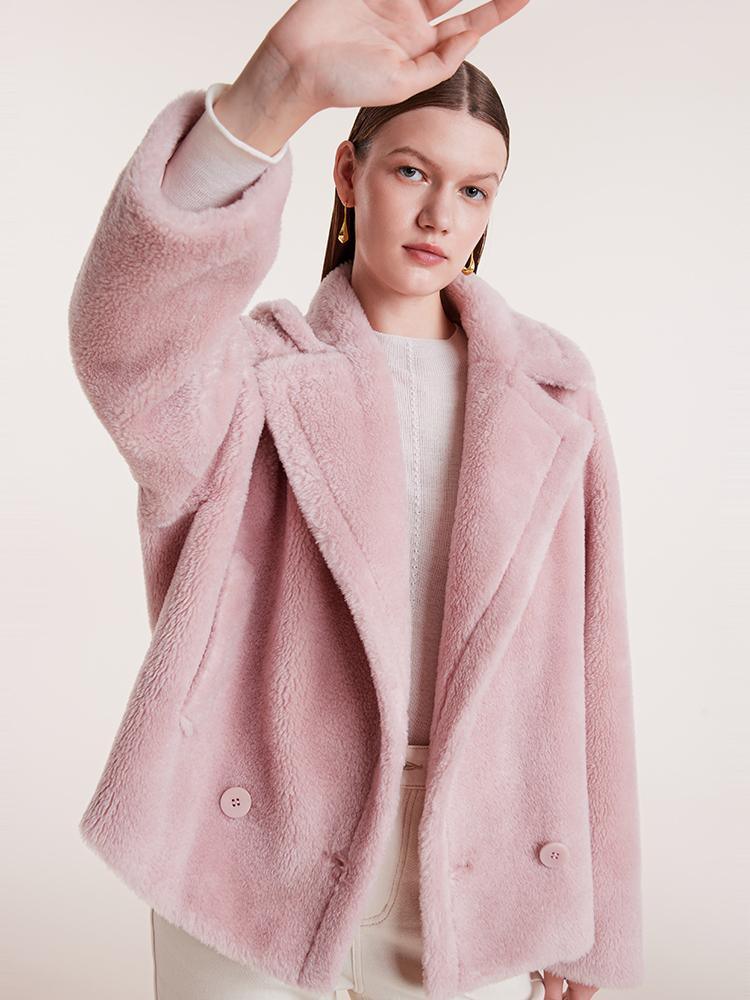 Lapel Double-Breasted Teddy Lamb Wool Short Coat GOELIA