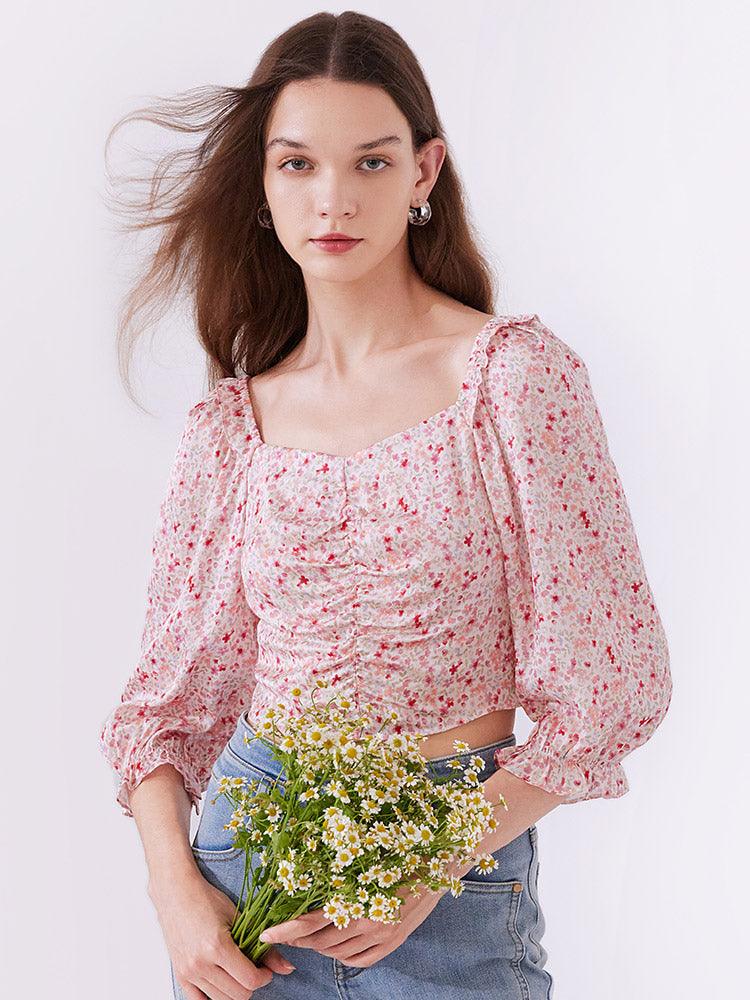 Pink Floral Puff Sleeve Top GOELIA