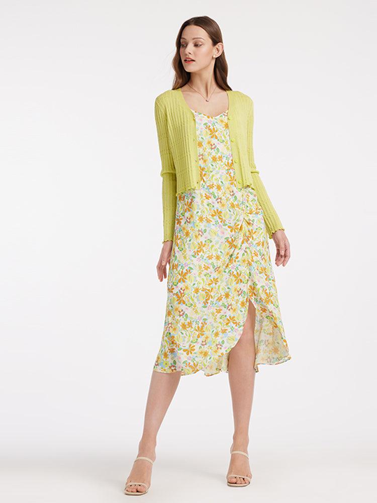 Green Pleated Long Sleeve Cardigan