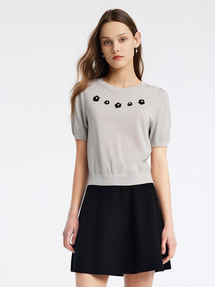 Grey Round Neck Mulberry Silk Knit Top GOELIA