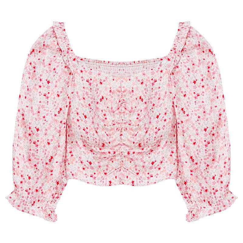 Pink Floral Puff Sleeve Top GOELIA