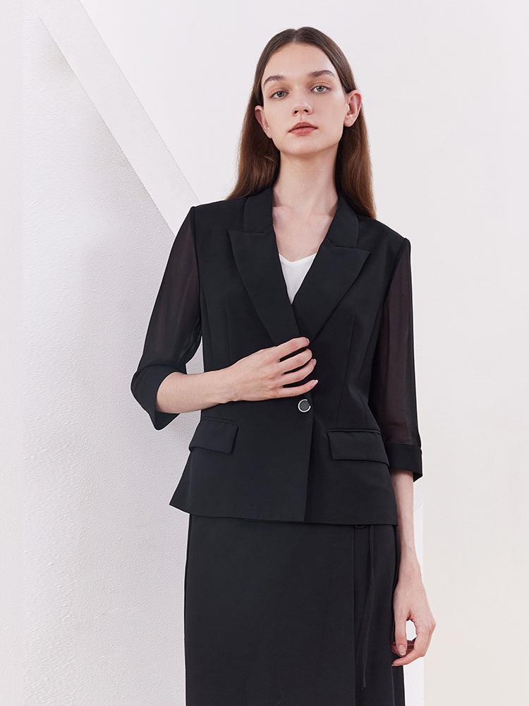 Black Slim Patchwork Sleeve Blazer GOELIA