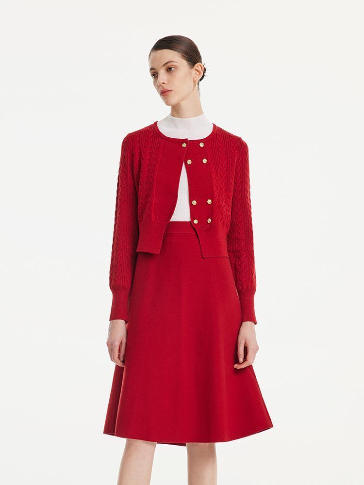 Woolen Cardigan And Flare Skirt Two-Piece Suit GOELIA