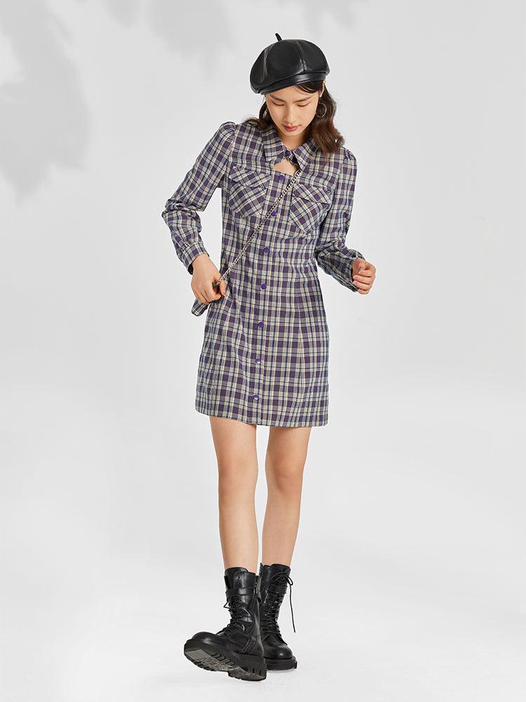 Gathered Waist Plaid Dress GOELIA