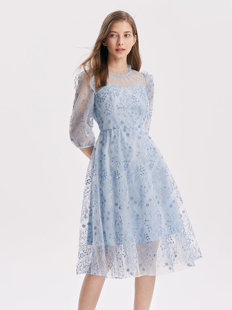 Blue See-Through Mesh Embroidered Dress GOELIA