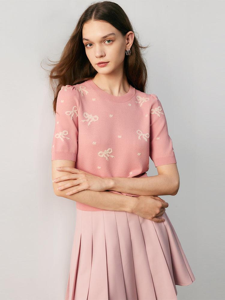 Pink Bow knot Print Jacquard Top GOELIA