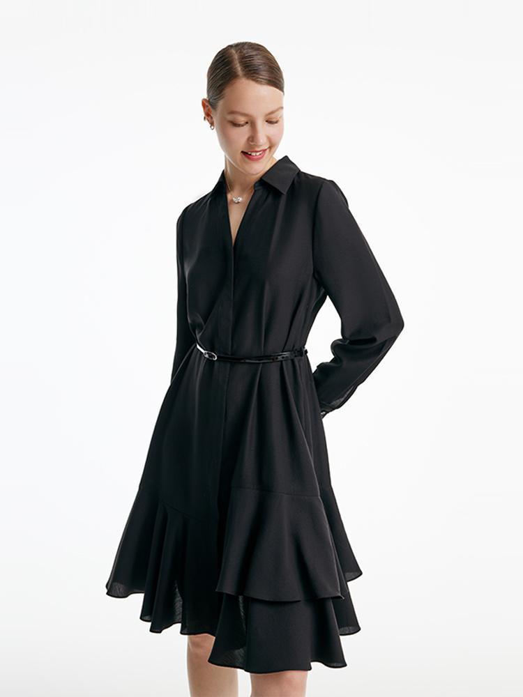 V-neck Aceticacid Midi Dress With Belt