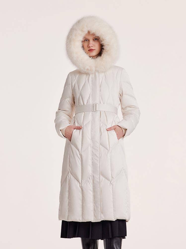 White Gathered Waist Long Goose Down Garment With Faux-Fur Collar GOELIA