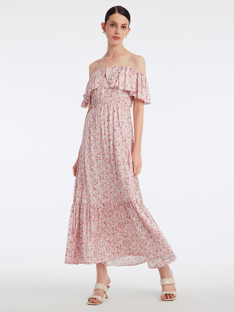 Einschultriges Kleid mit Blumenmuster und Rüschen 