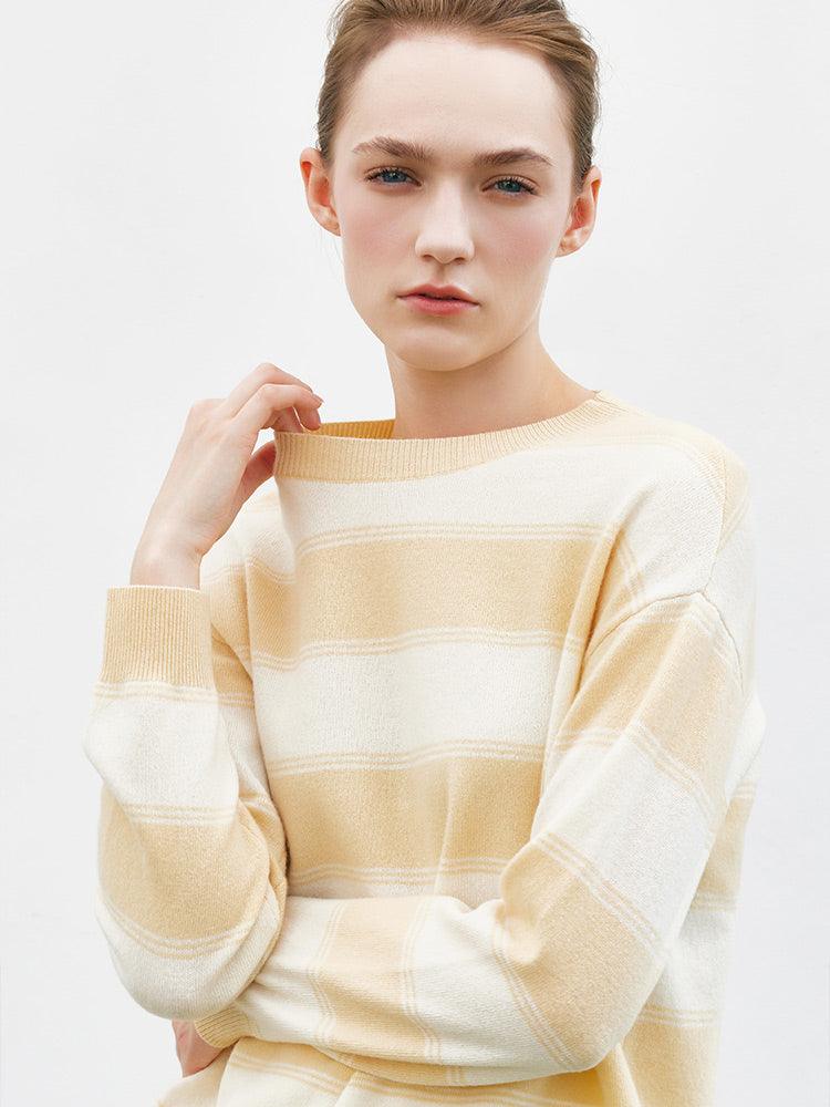 Cream Yellow&White Stripe Woolen Sweater GOELIA