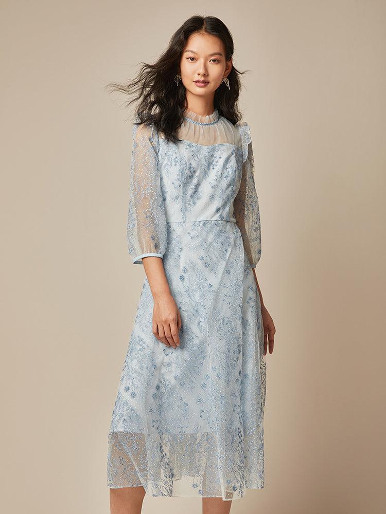 Blue See-Through Mesh Embroidered Dress GOELIA