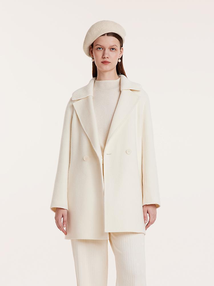 White Mid-Length Double-Faced Wool Coat With Detachable Collar GOELIA