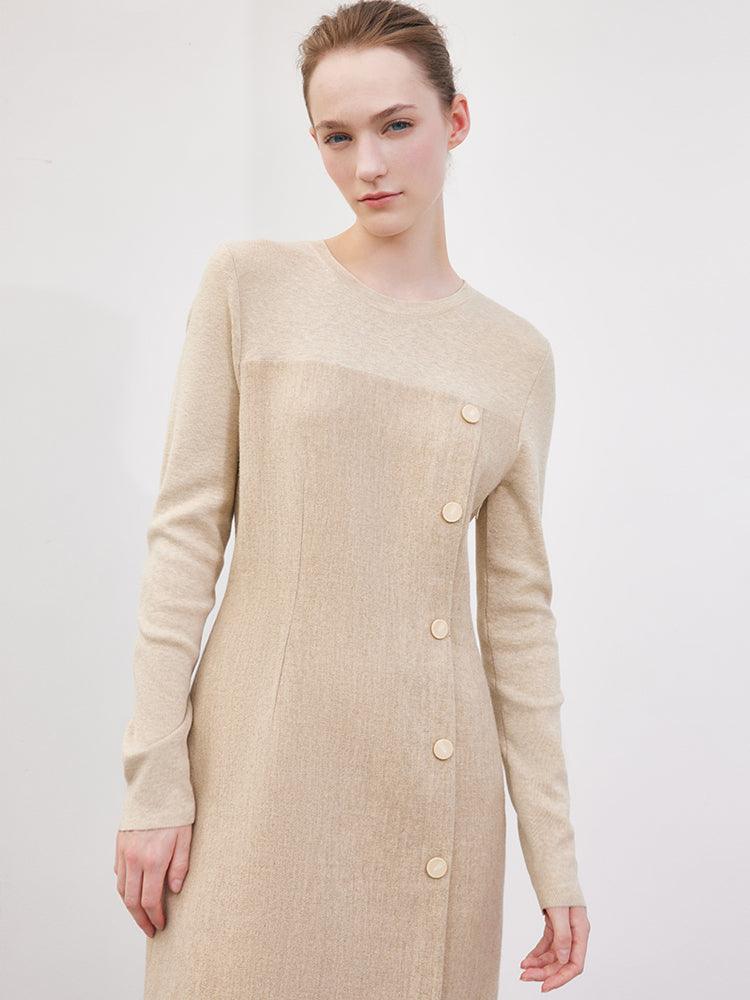 Cream Khaki Woolen Patchwork Slim Dress GOELIA