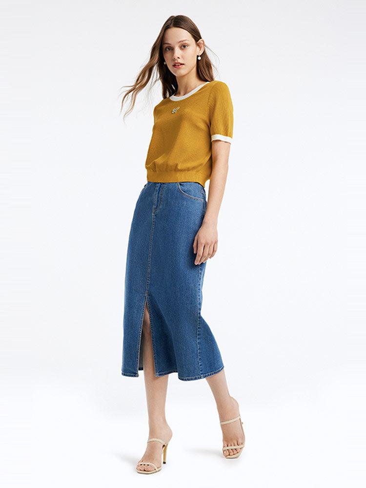 Slit Washed Denim Half Skirt GOELIA