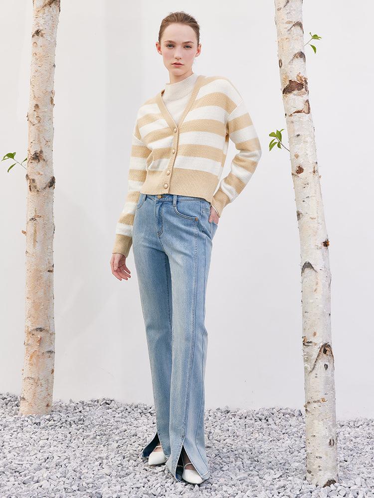 Yellow&White Stripe Woolen Cardigan GOELIA