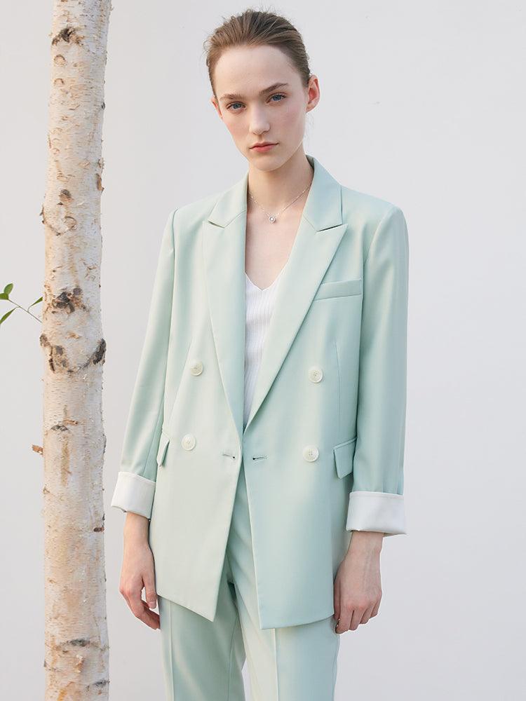 Mint Green Worsted Woolen Straight Blazer GOELIA