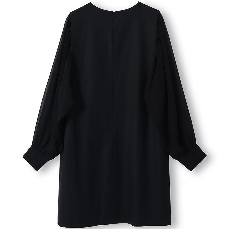 Black See-Through Sleeve Worsted Wool Dress GOELIA