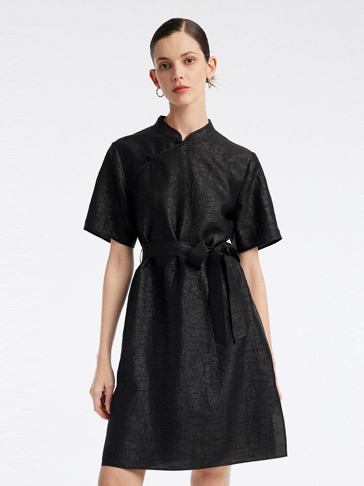 Black Cheongsam Mandarin Collar Xiang Yun Silk Dress GOELIA