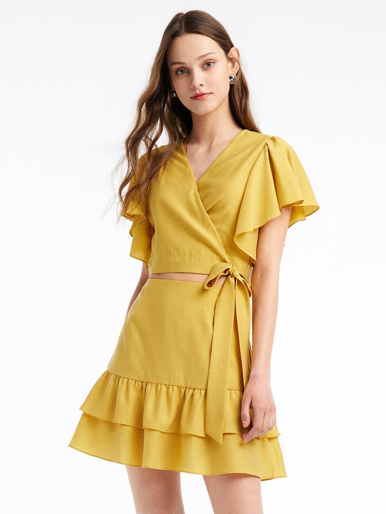 Yellow Ruffle Sleeve Two-Piece Suit GOELIA