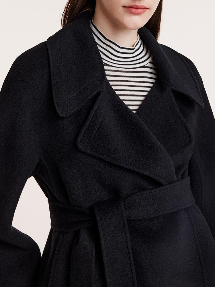 Tencel Wool Lapel Double-Faced Short Coat With Belt GOELIA