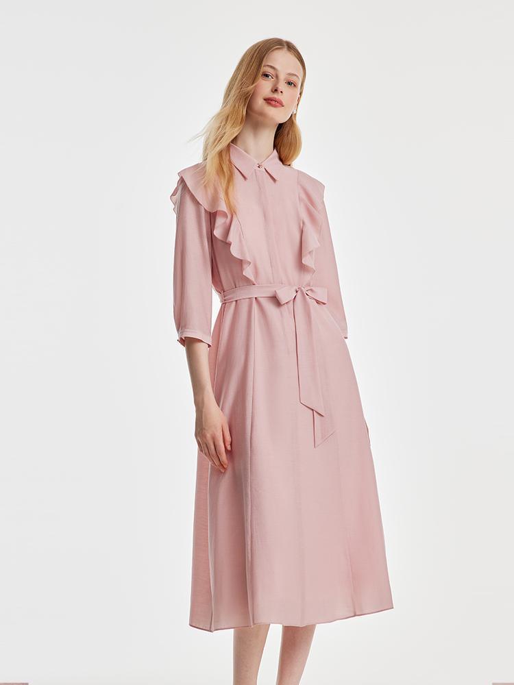 Ruffled Hem Acetate Dress With Belt GOELIA