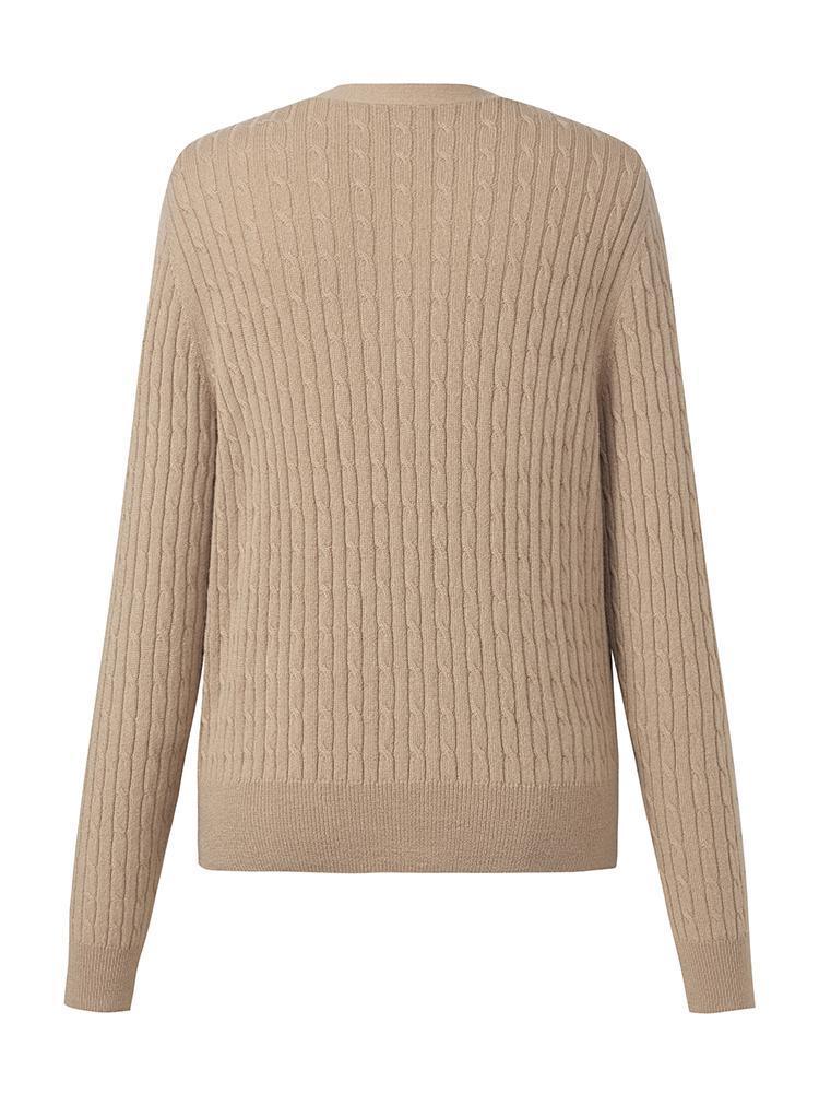 Camel Pure Cashmere V-Neck Cable Knit Cardigan GOELIA