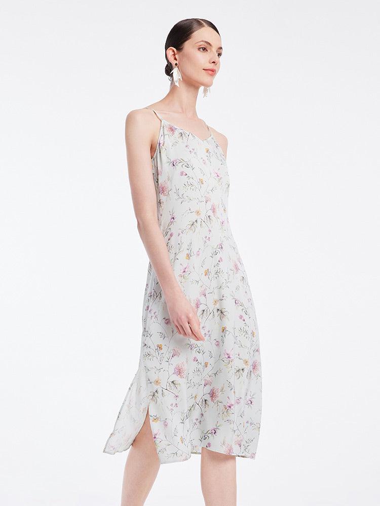 19-Momme Stretch Silk Floral Spaghetti Strap Dress GOELIA