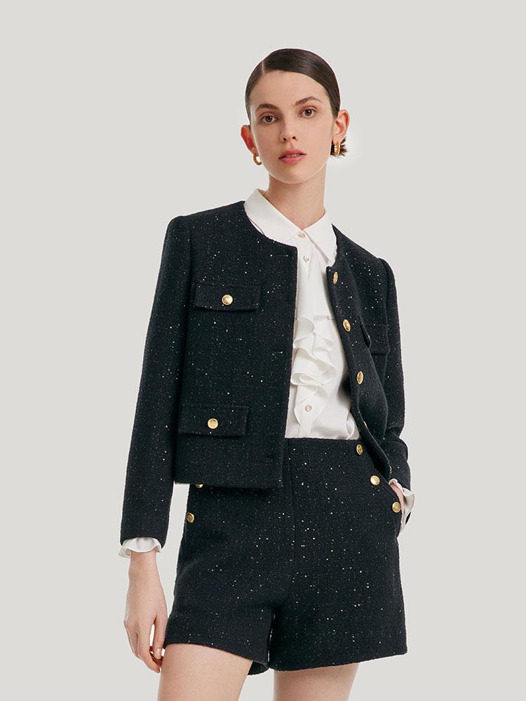 Elegant Black Tweed Cropped Jacket GOELIA