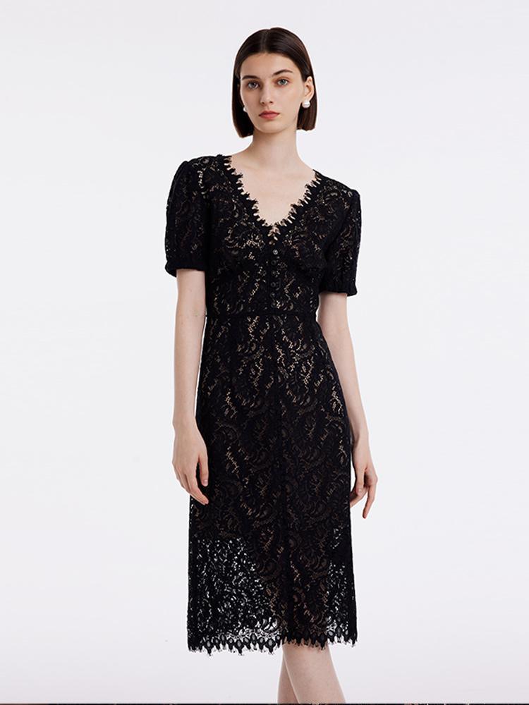 Lace V-Neck Mid Sleeve Dress GOELIA