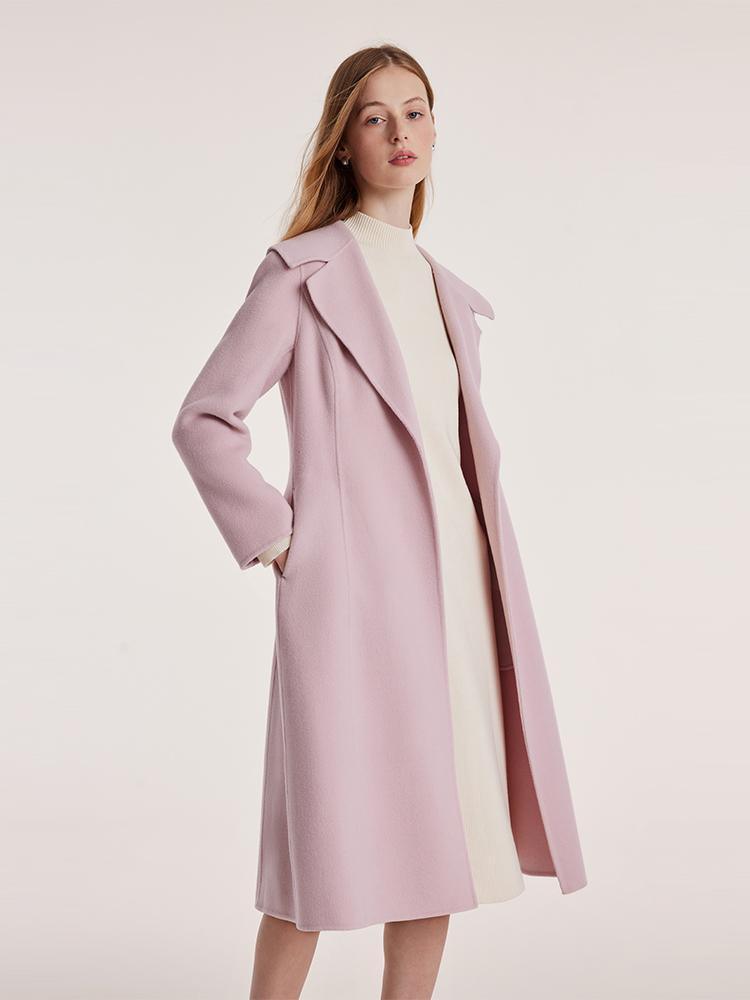 Pink Tencel Wool Double-Faced Lapel Coat With Belt GOELIA