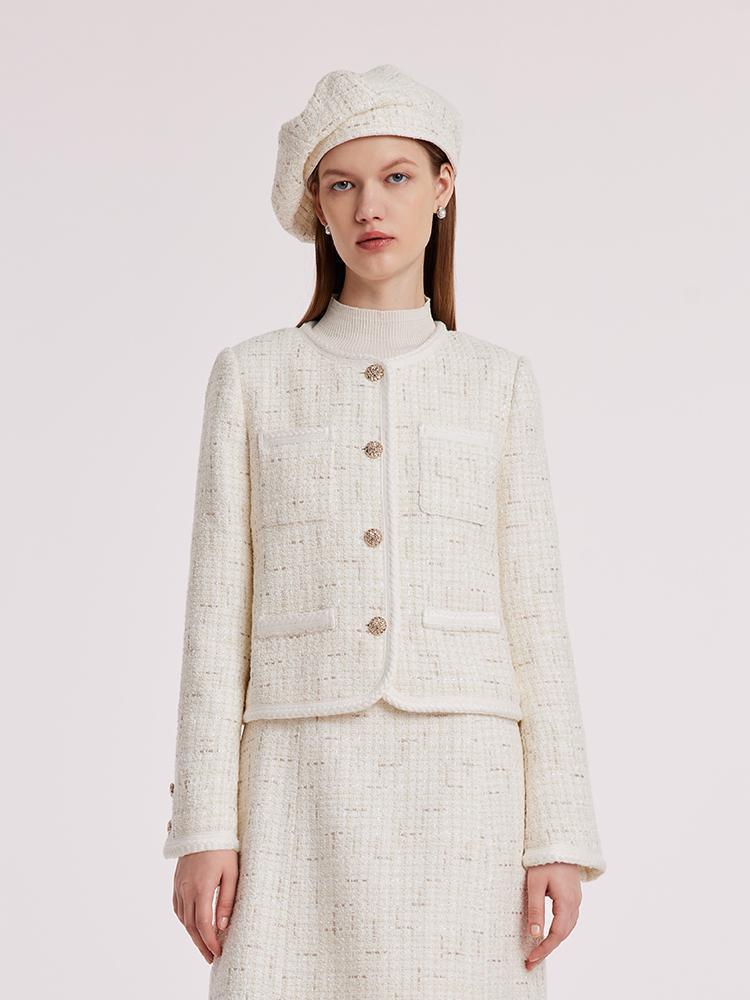 White Knitted Tweed Crop Jacket GOELIA