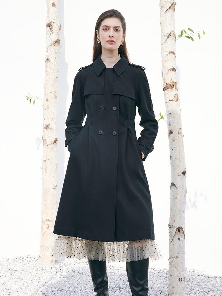 Black Worsted Wool Adjusted Slim Trench Coat GOELIA