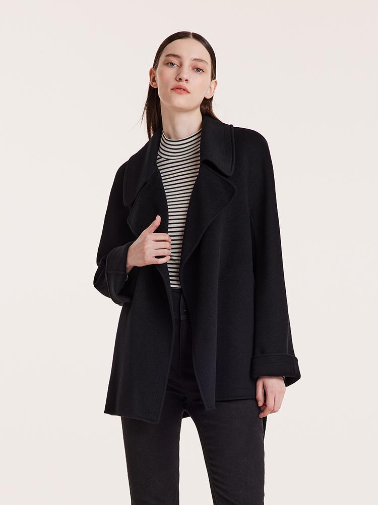 Tencel Wool Lapel Double-Faced Short Coat With Belt GOELIA