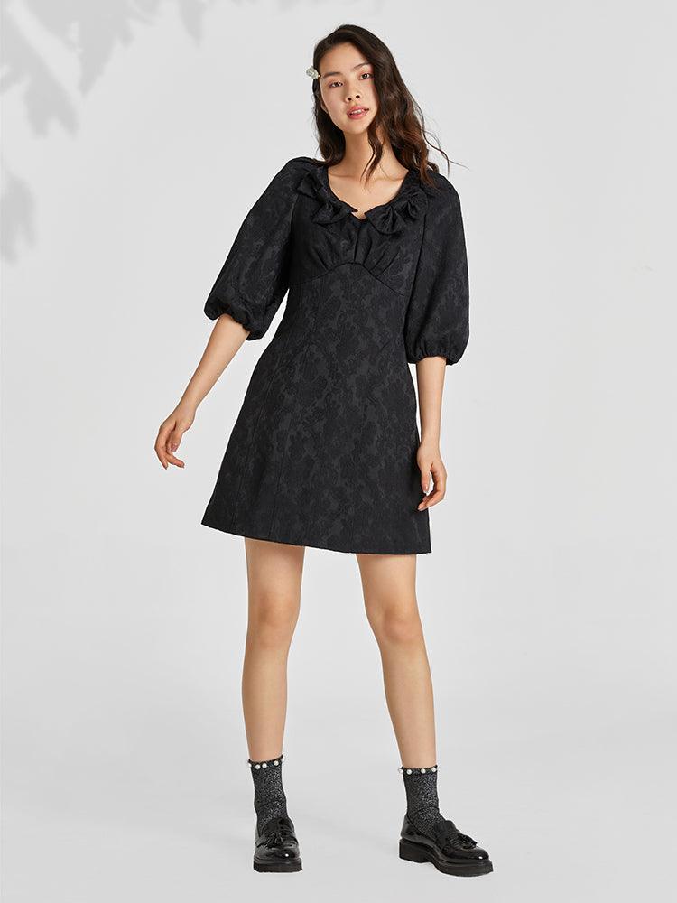 Black Jacquard V-neck Bow Dress GOELIA