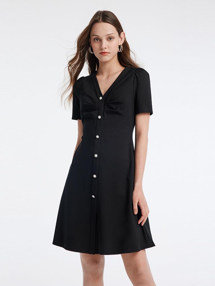 Pleated V-neck Waist-skimming Dress GOELIA