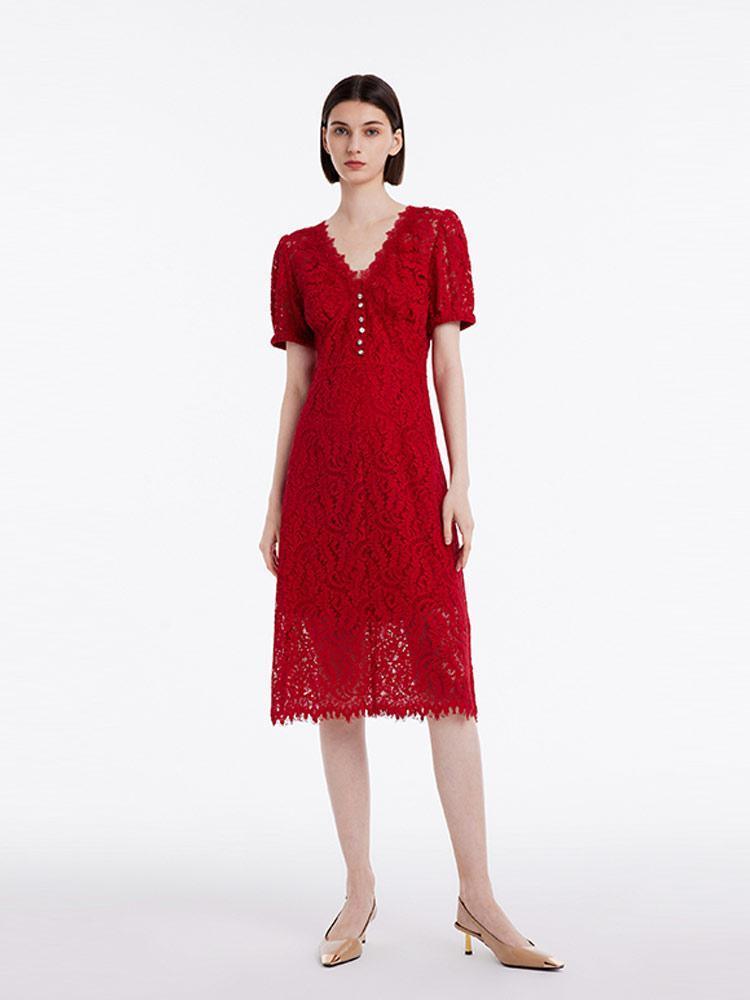 Lace V-Neck Mid Sleeve Dress GOELIA