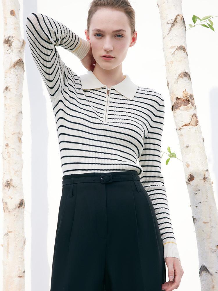 Black And White Striped Slim Woolen Jumper GOELIA