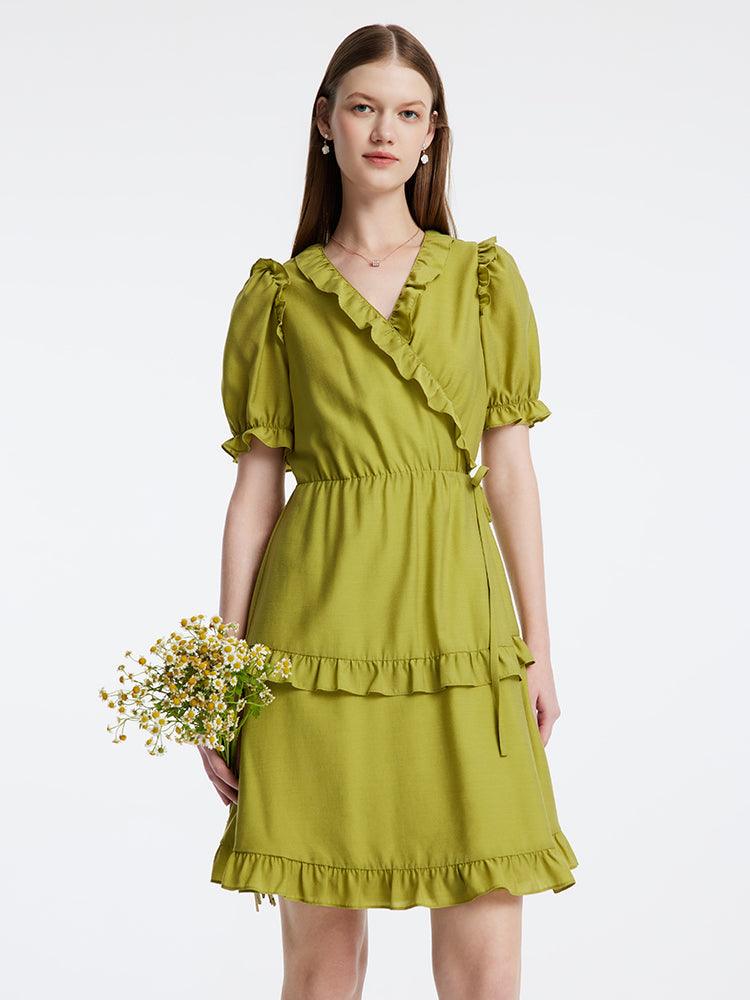 One-piece Ruffle Green V-Neck Dress GOELIA