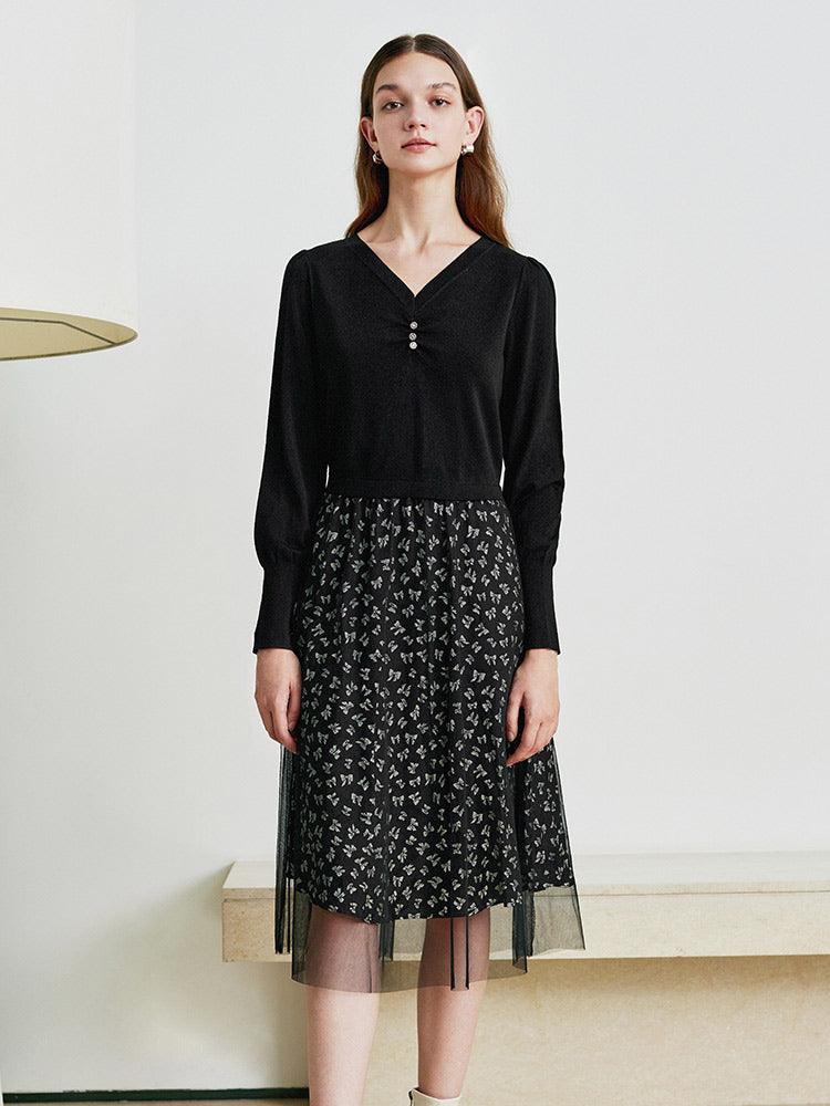 Black Floral Double-Layer Dress GOELIA