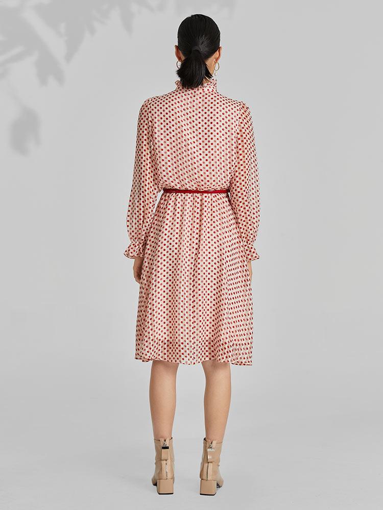 Golden Stripe Chiffon Polka Dots Dress GOELIA