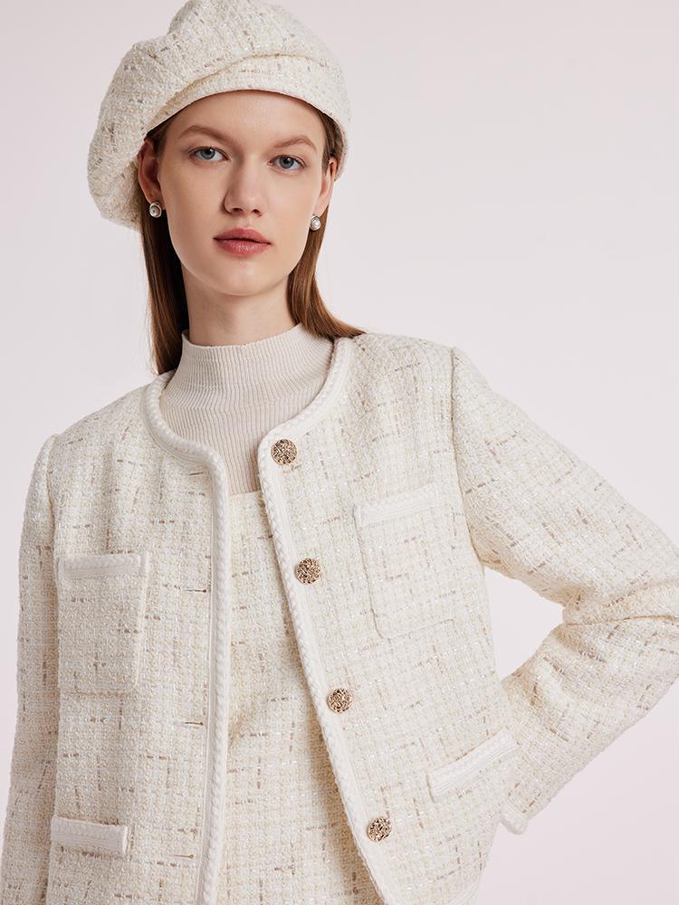 White Knitted Tweed Crop Jacket GOELIA