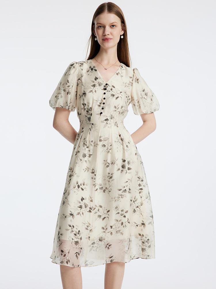 Floral Ink Painting V-Neck Waist-Skimming Dress GOELIA