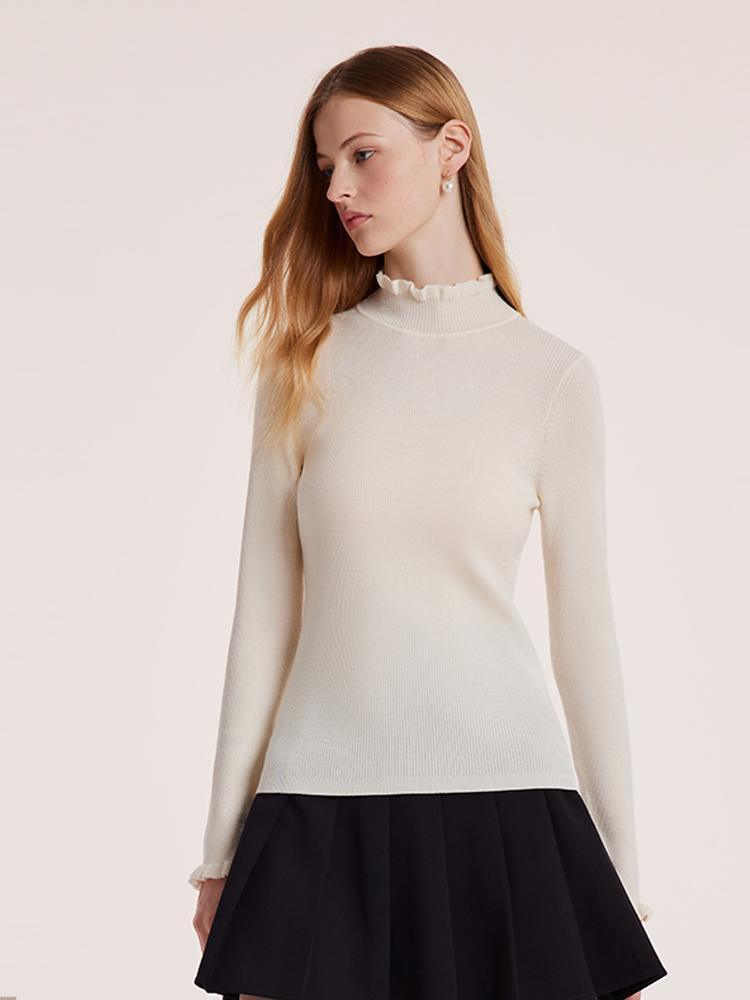 Machine Washable Wool Ruffle Turtleneck Sweater GOELIA