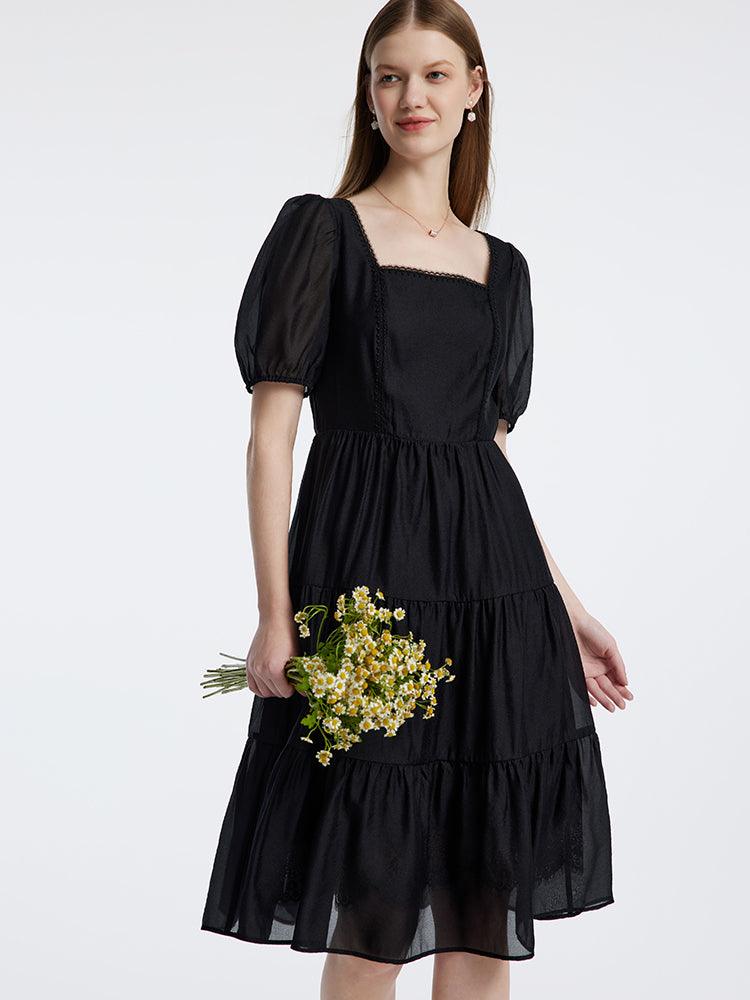 Square Neck Black Waist Dress GOELIA